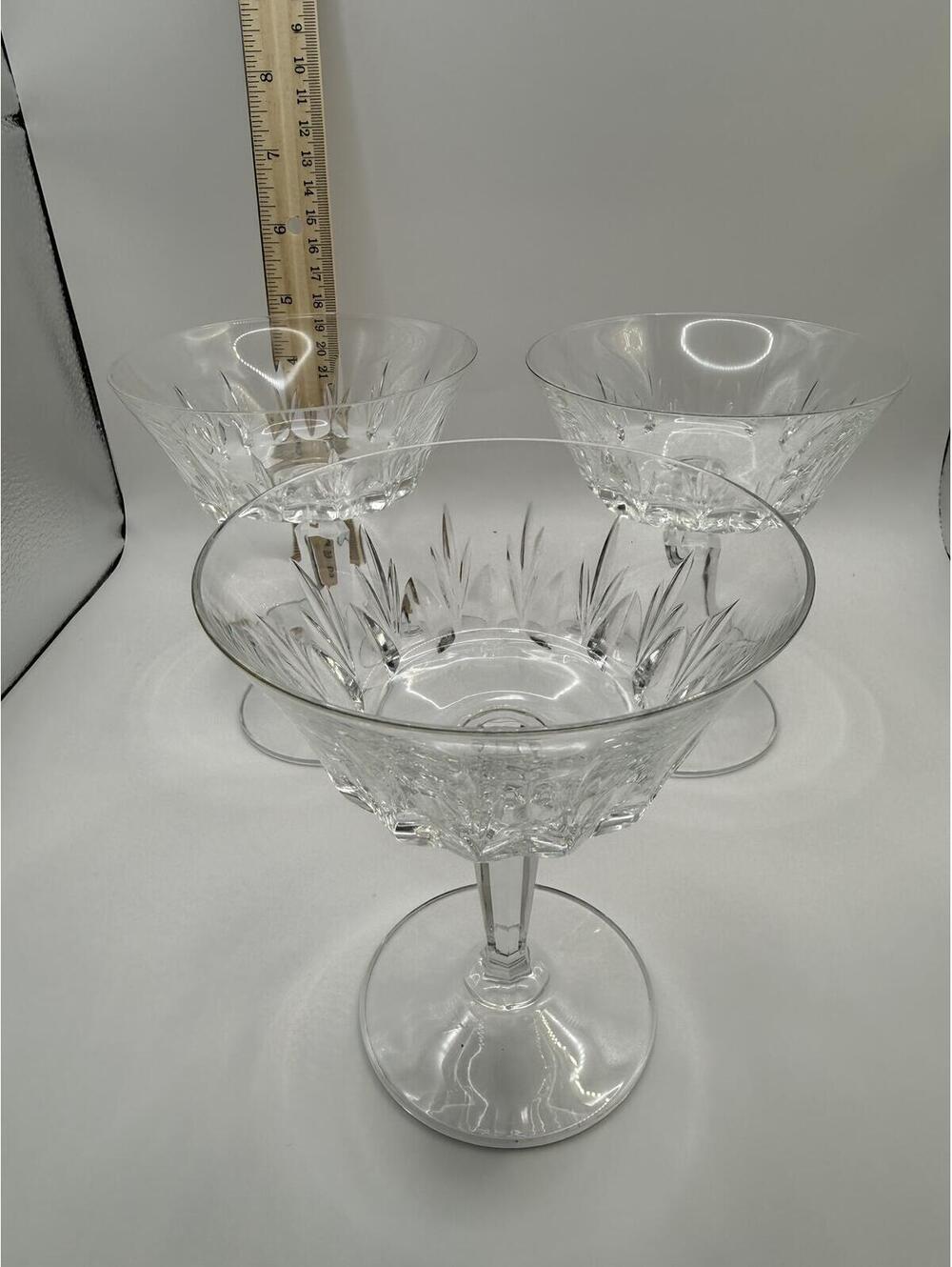 Set of 3 Cut Crystal Champagne Coupe Glasses Faceted Stem Vintage
